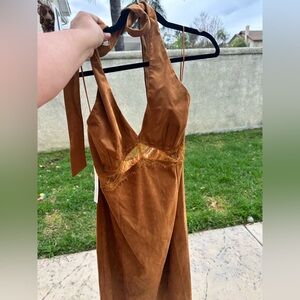 Anthropologie Tan faux suede- Dress with Lace Accents